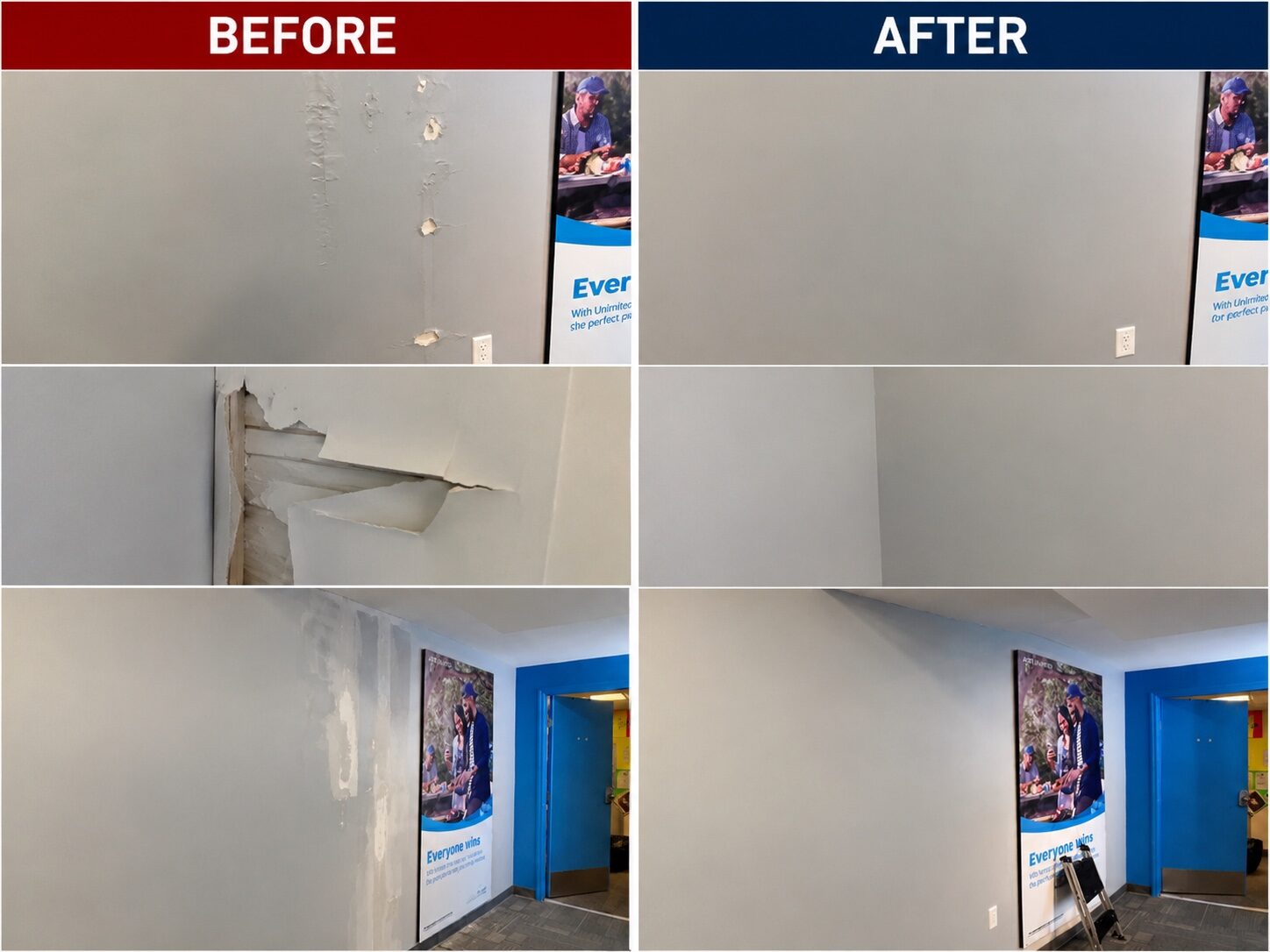 Commercial drywall wall repair before and after