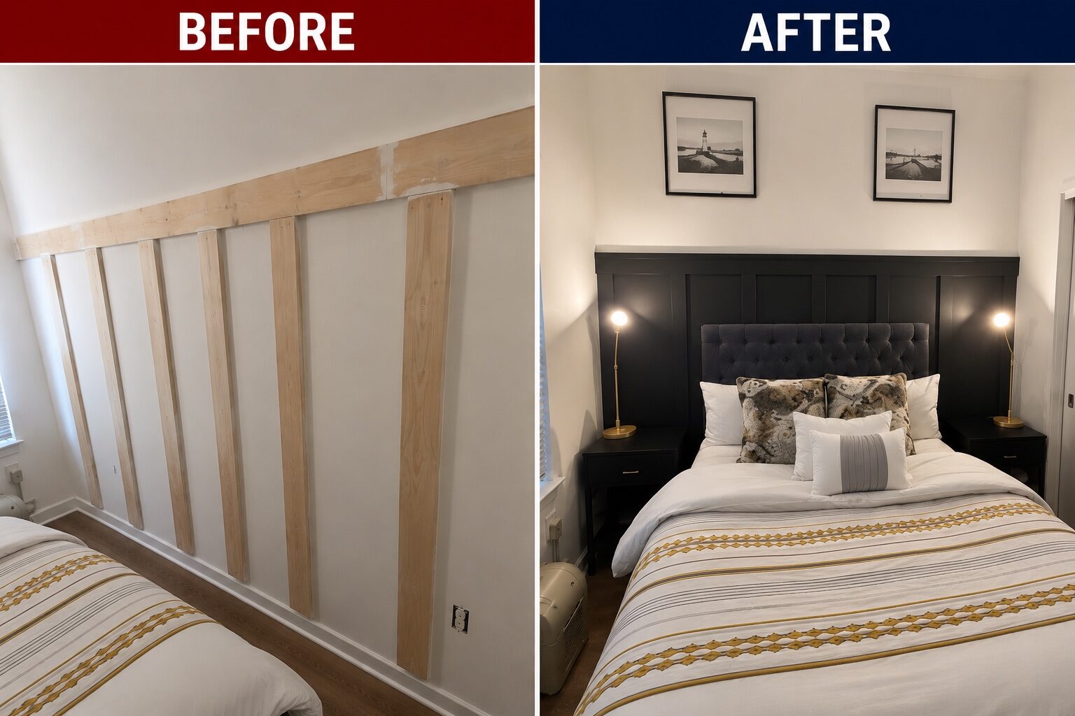 Custom accent wall installation before and after by H&F
