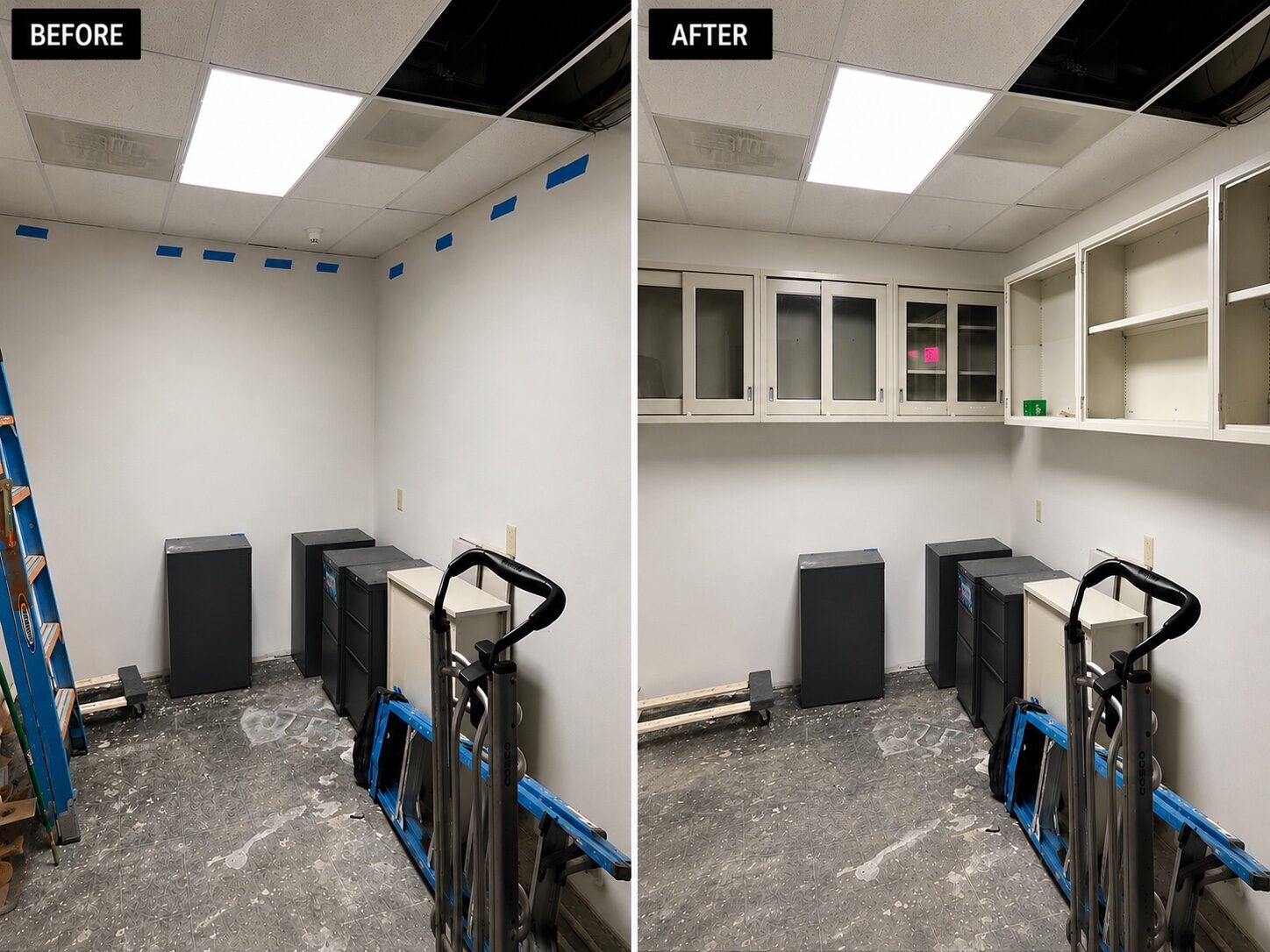 Industrial laboratory cabinets before and after installation