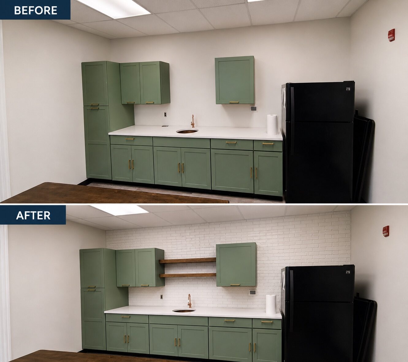 Commercial kitchenette backsplash and shelves before and after