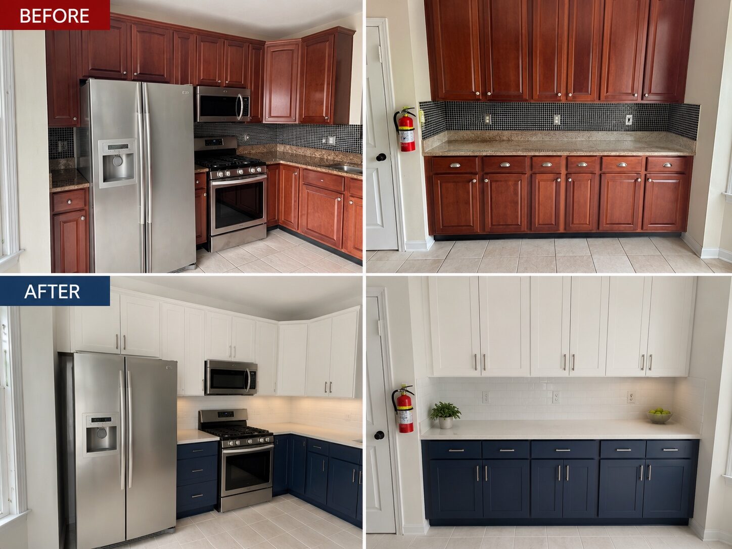 Blue and white kitchen facelift before and after