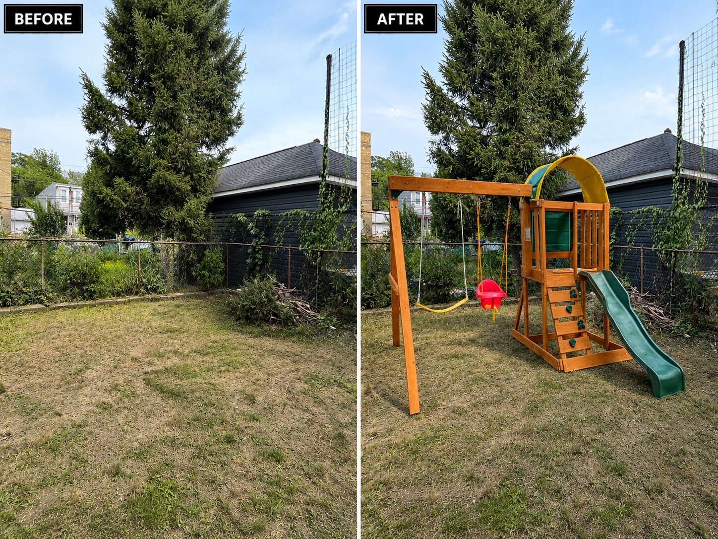 Backyard playset assembly before and after
