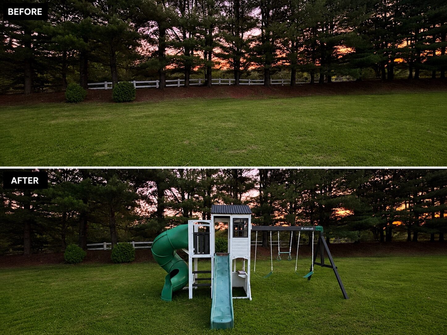 Large backyard playset assembly before and after