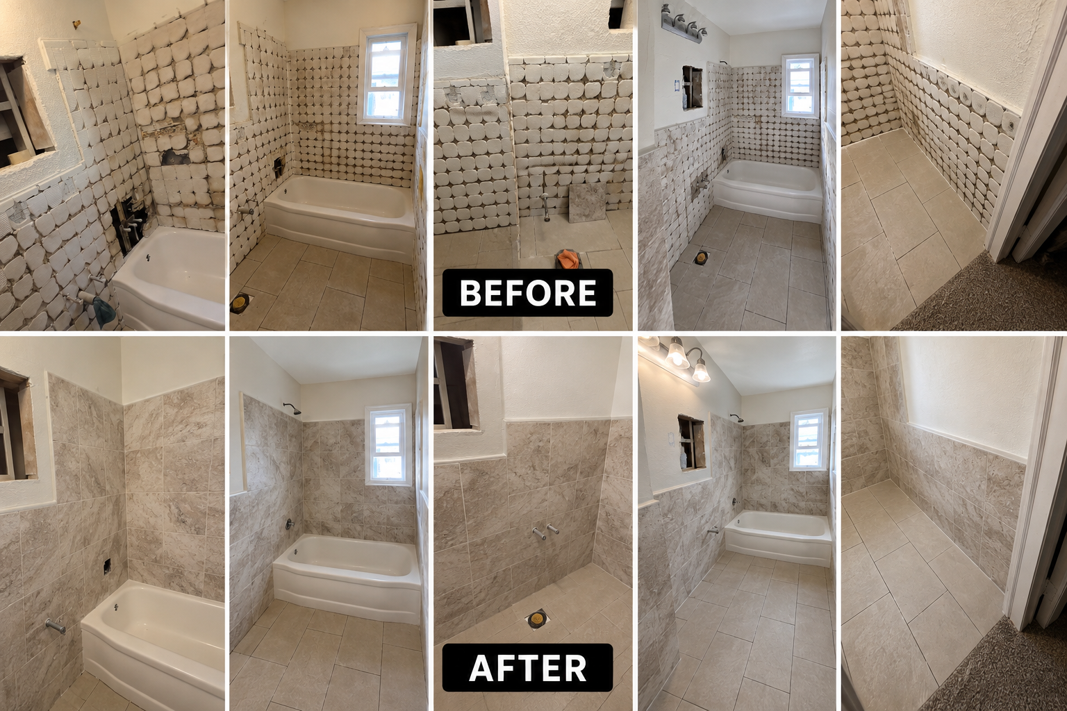 Bathroom wall and floor tile renovation by H&F before and after