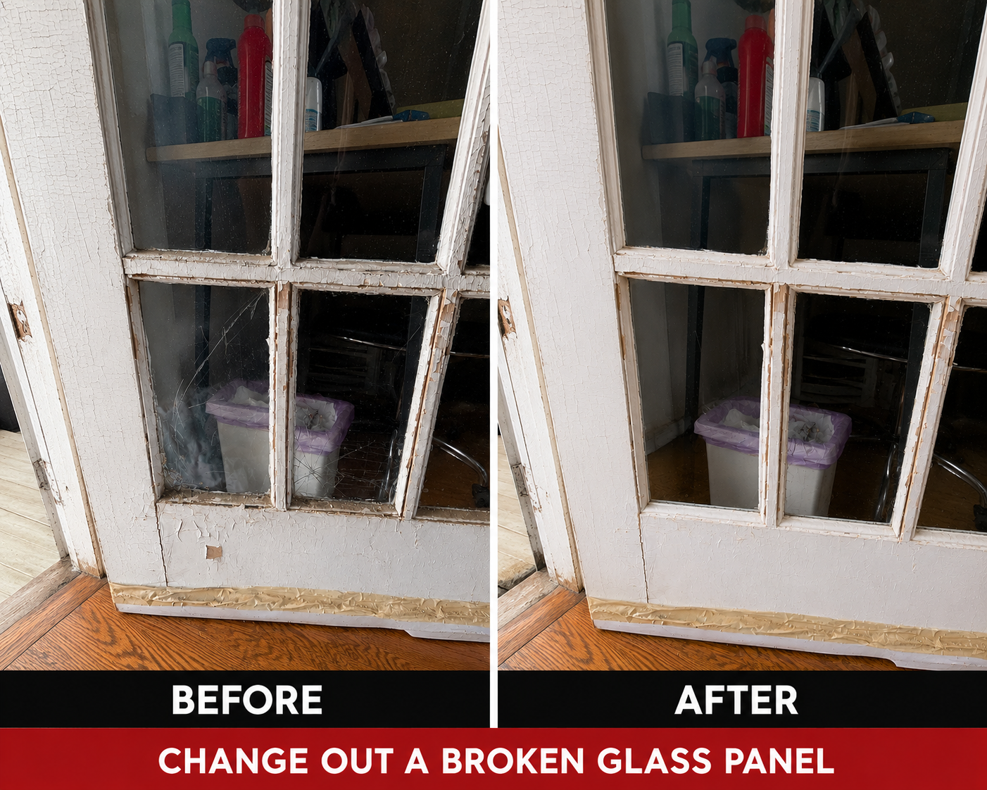 Broken glass door panel repaired by H&F before and after