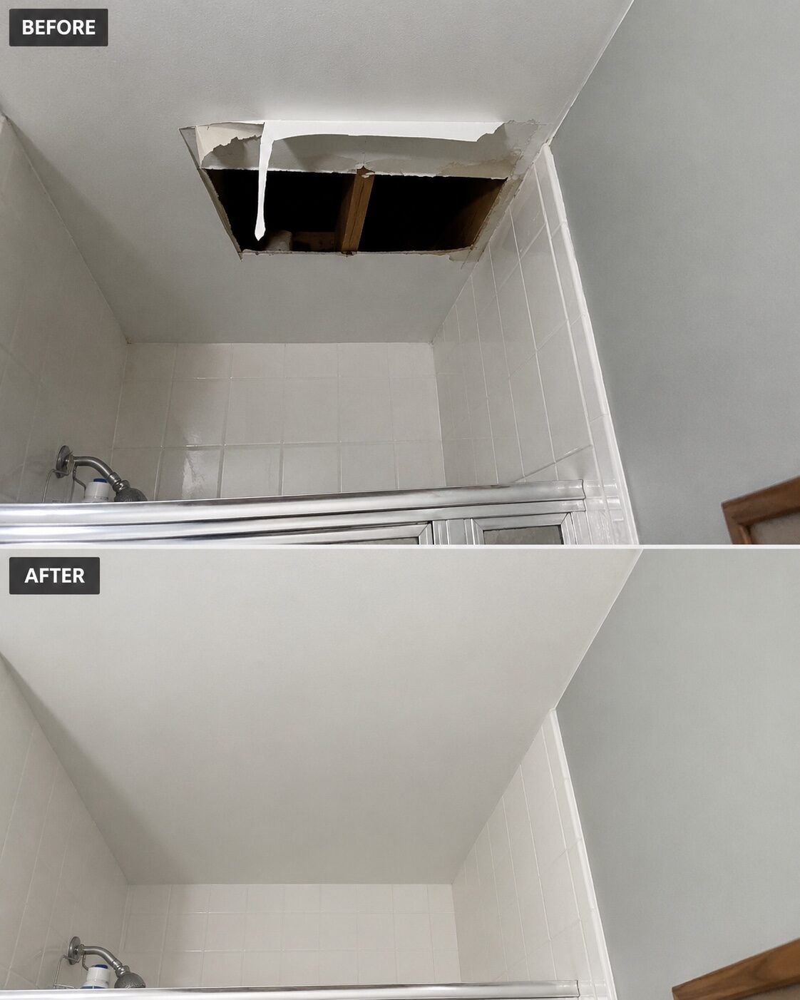 Ceiling drywall repair completed by H&F before and after