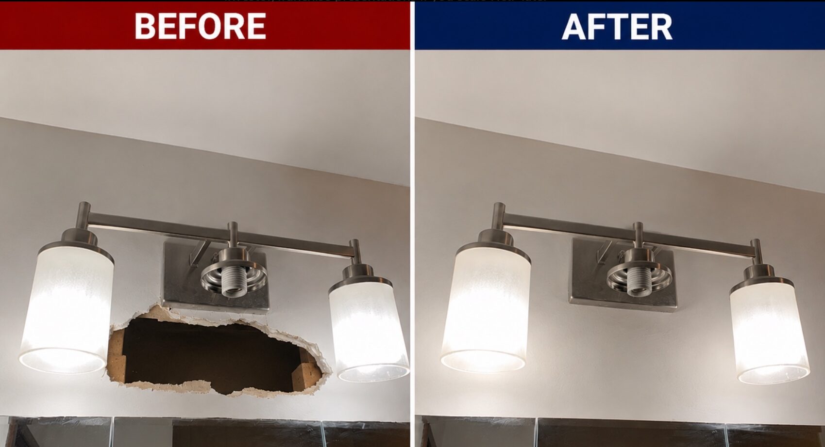 Drywall repair around a bathroom vanity light completed by H&F