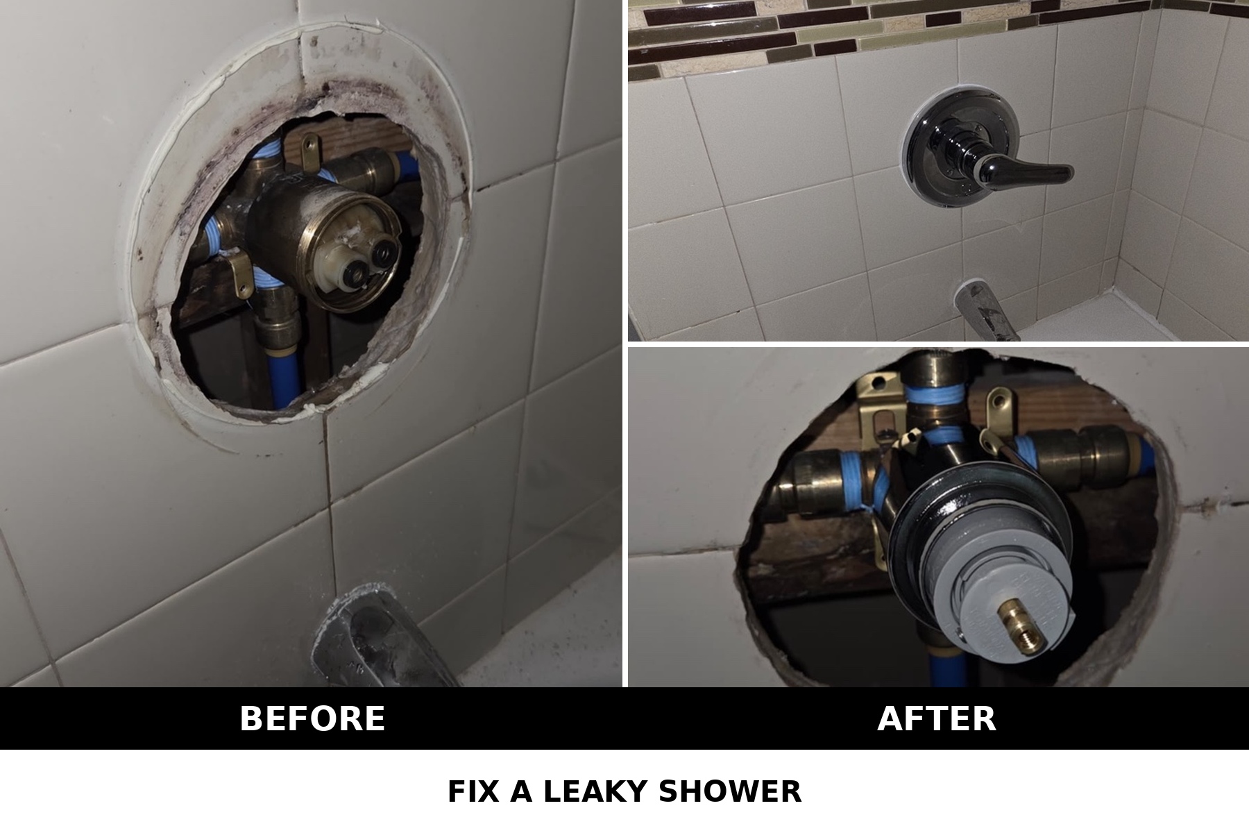 Leaky shower valve and plumbing repair by H&F before and after