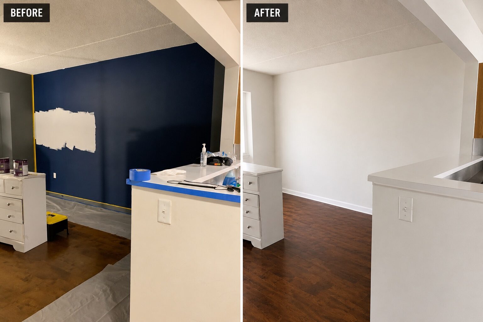 Interior room painting completed by H&F, shown before and after