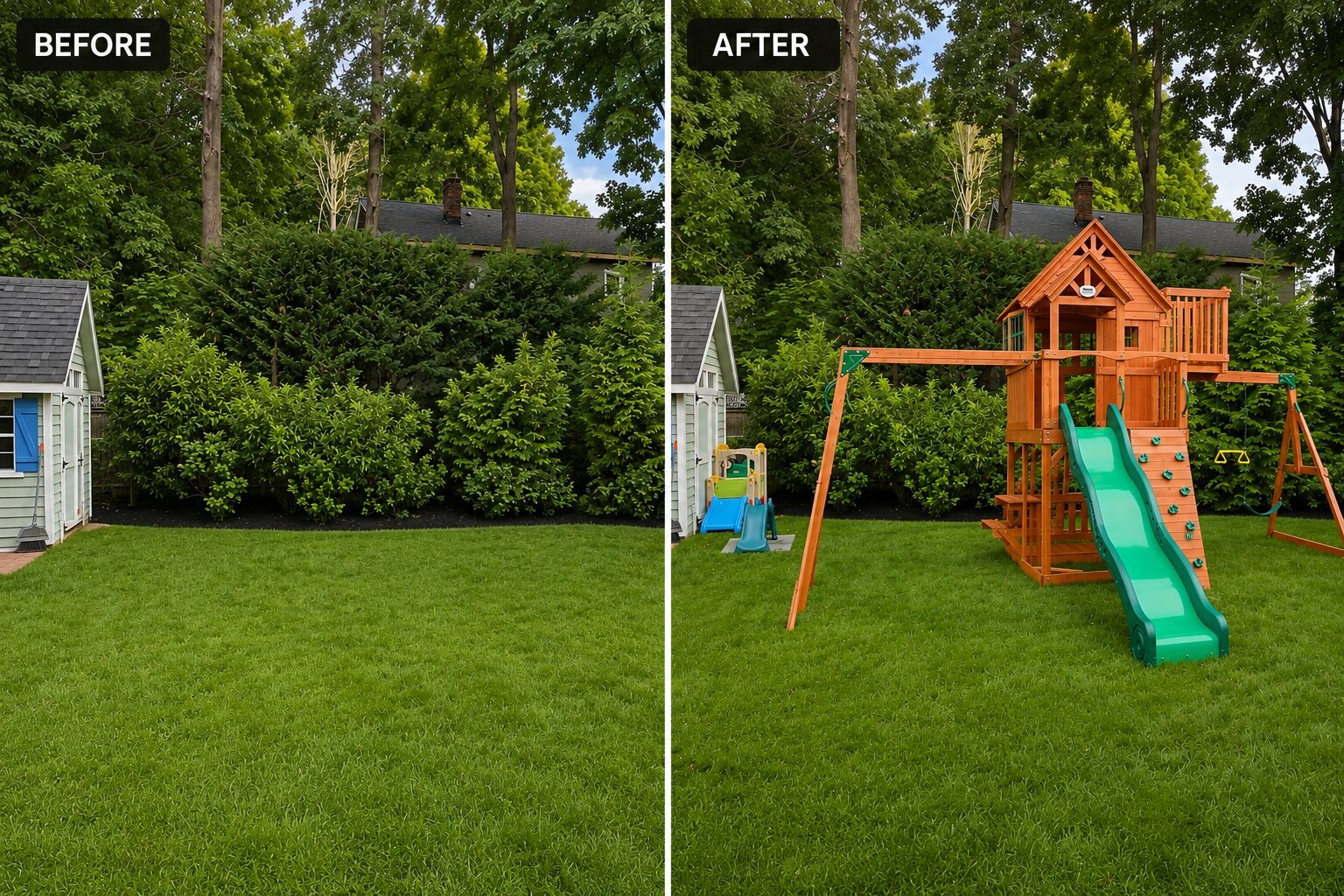 Backyard playhouse assembled by H&F before and after